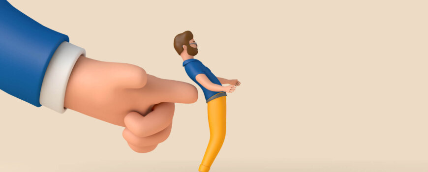 A person being pushed forward by a large hand. Business development concept. 3D Rendering